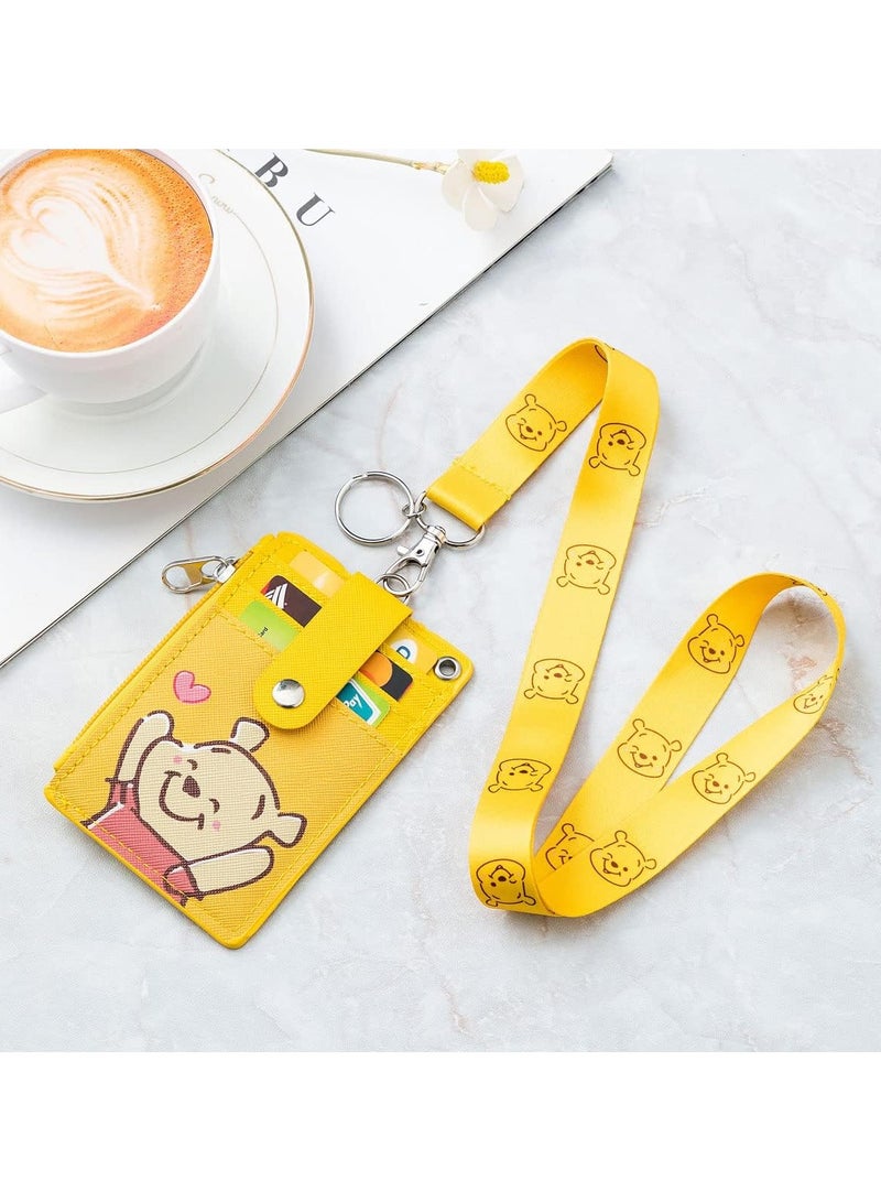 Cute ID Card Holder with Lanyard, Durable PU Leather Cartoon ID Card Holder with Zip Pocket Wallet Keychain Lanyard for Students Teenage Staff - Image 3